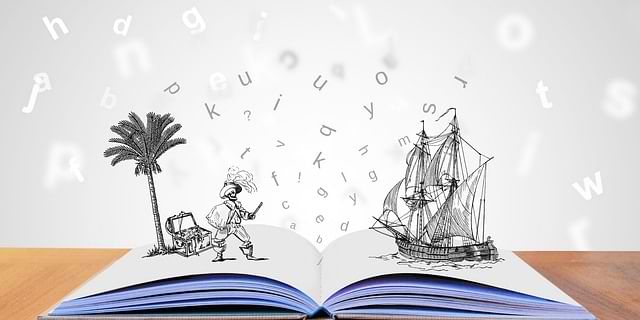 Tegning av åpen bok med bokstaver svevende over boken.